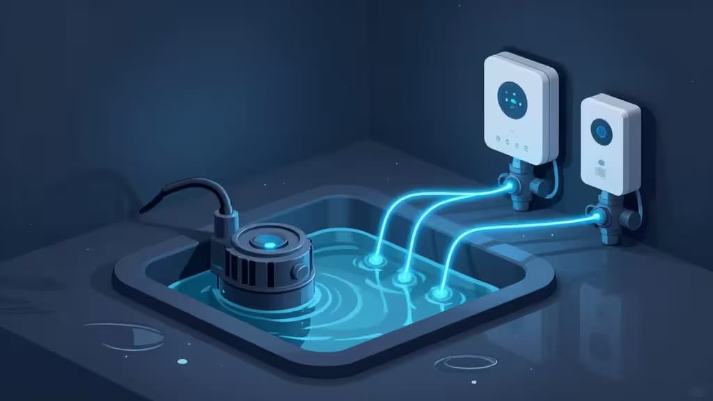 Abstrakcyjna ilustracja systemu smart home do ochrony piwnicy przed zalaniem — studnia pompy głębinowej z wodą, połączone inteligentne czujniki i zawory, świecące niebieskie połączenia sieciowe