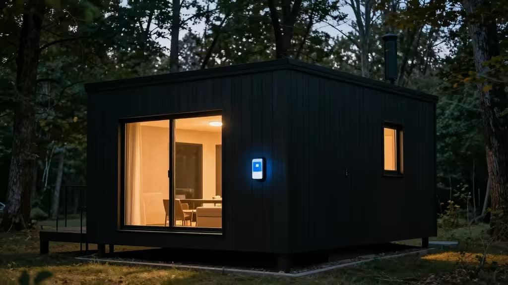 Black wood cabin with glowing window and blue smart monitor, nestled in forest at dusk.