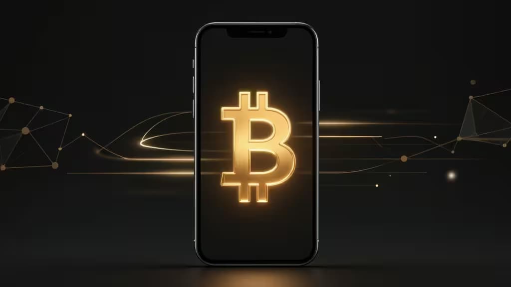 Abstract smartphone displaying a glowing Bitcoin symbol against a dark fintech background with network light trails suggesting instant transfer.