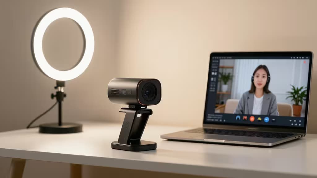 A sleek 4K webcam sits on a white desk beside a laptop displaying a streamer, lit by a ring light.