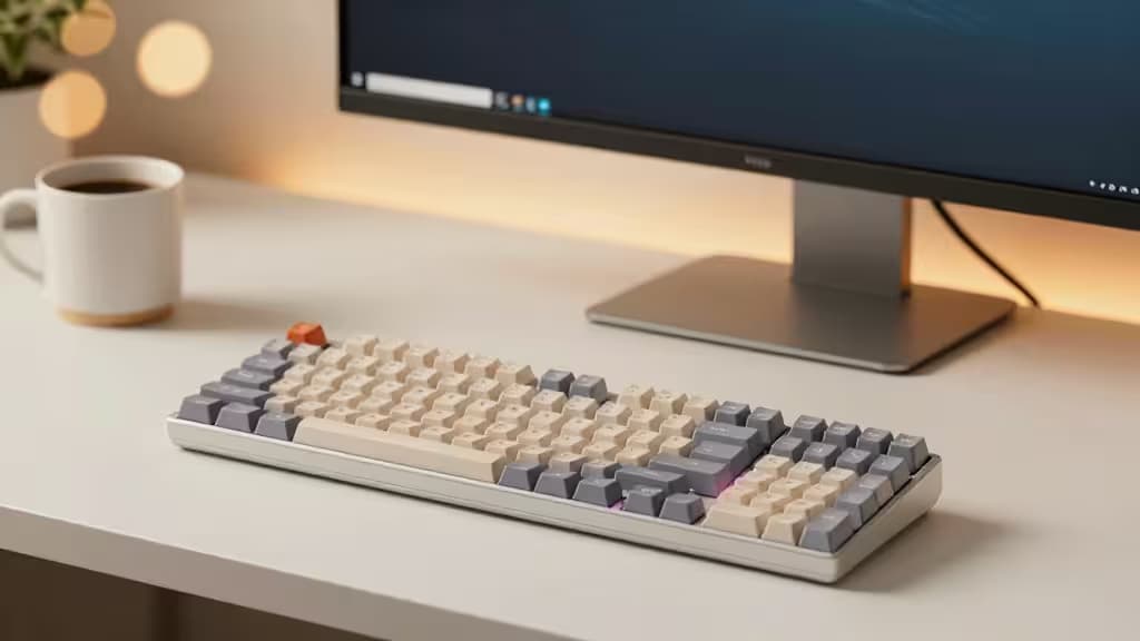 A white desk holds a split ergonomic keyboard with beige and gray keys, beside a monitor and coffee mug.