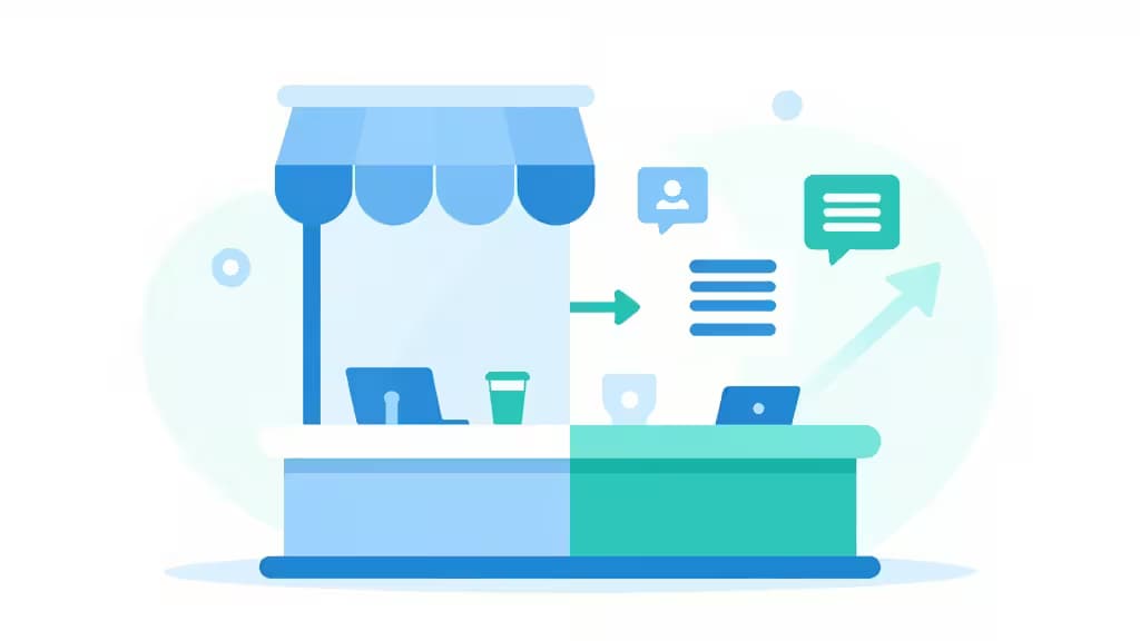 Flat vector storefront with blue awning, teal counter, and floating fintech icons symbolizing installment payments and growth.