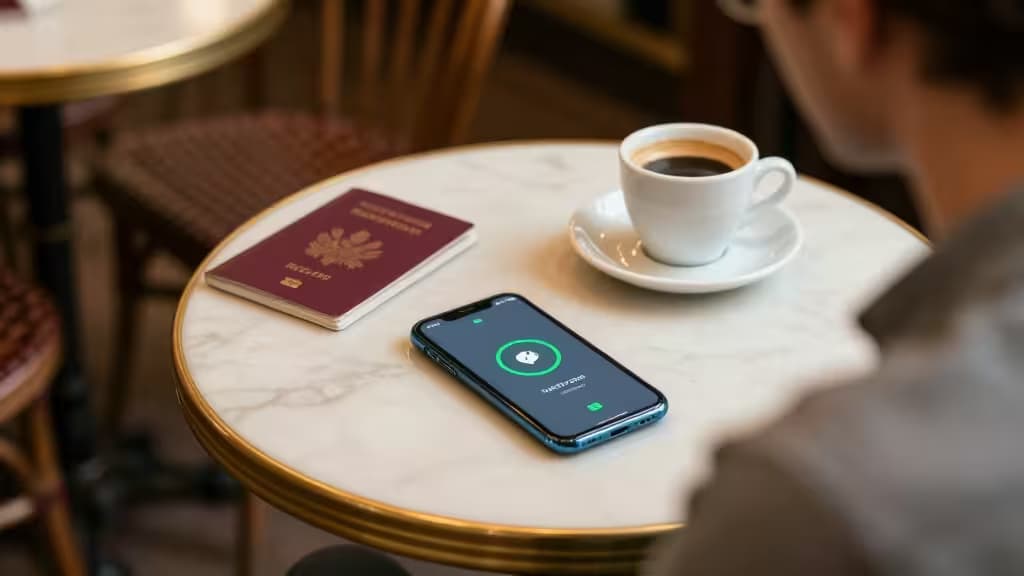 Un viaggiatore al caffè con lo smartphone che mostra un'app VPN su un tavolo di marmo accanto a un passaporto e un espresso.