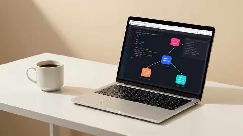 A silver laptop displays a database migration diagram on a white desk beside a coffee mug.
