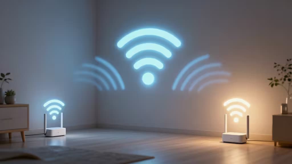 Abstract illustration of a modern home with glowing WiFi signal waves radiating from small mesh router nodes placed in different rooms, warm minimalist editorial style.