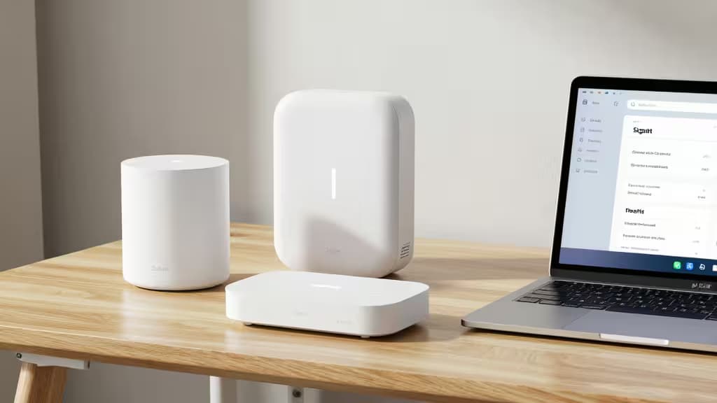 White Zigbee hubs on wooden desk beside laptop displaying Home Assistant interface.