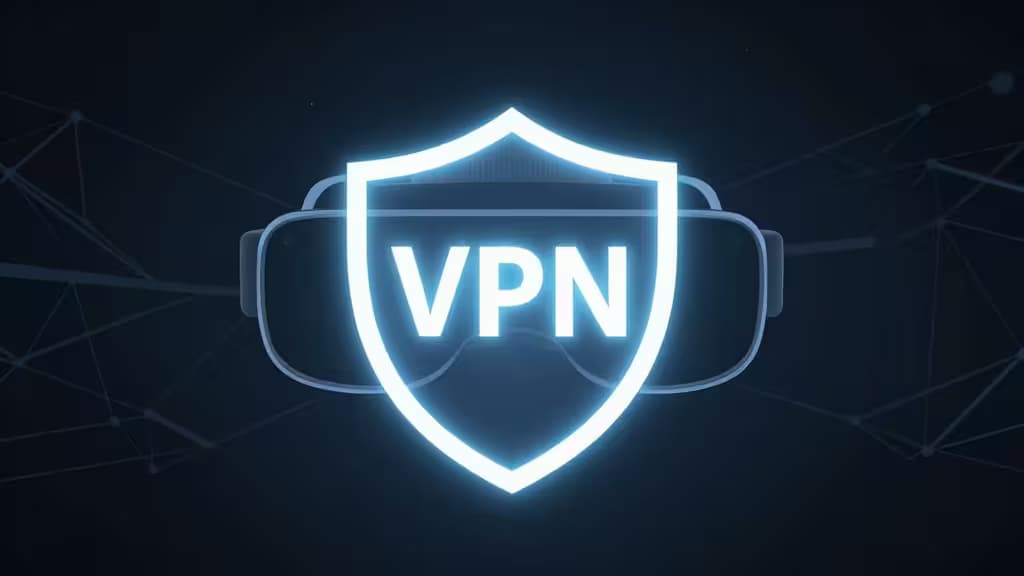 A glowing blue VPN shield overlays a sleek AR headset against a dark, networked background.