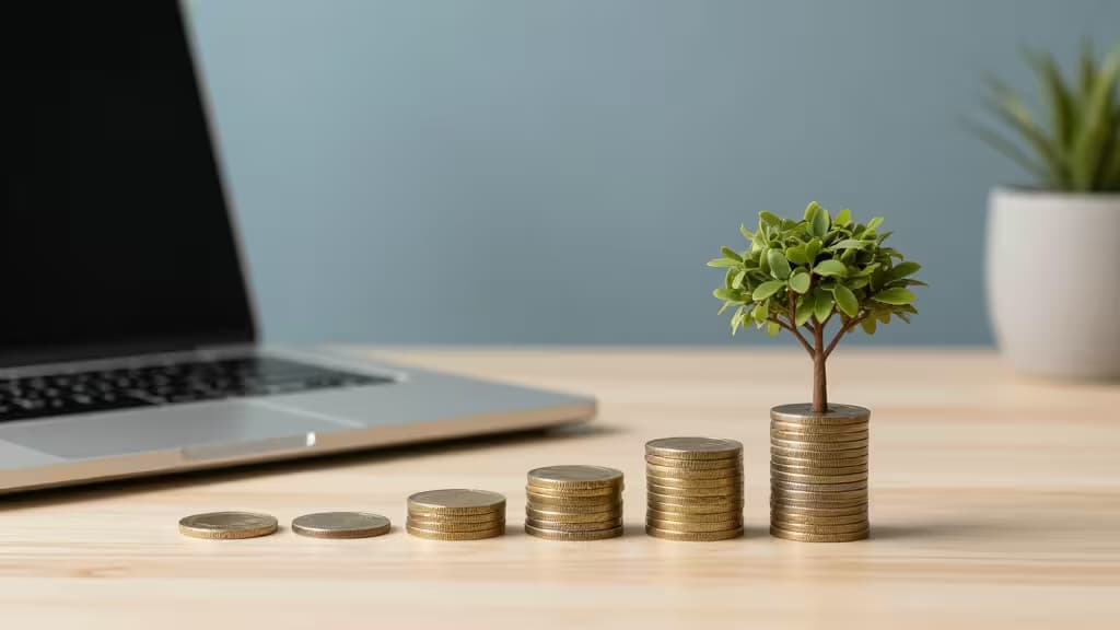 Espace de travail minimaliste de freelance avec des pièces de monnaie qui poussent en forme d'arbre, symbolisant la croissance de l'épargne