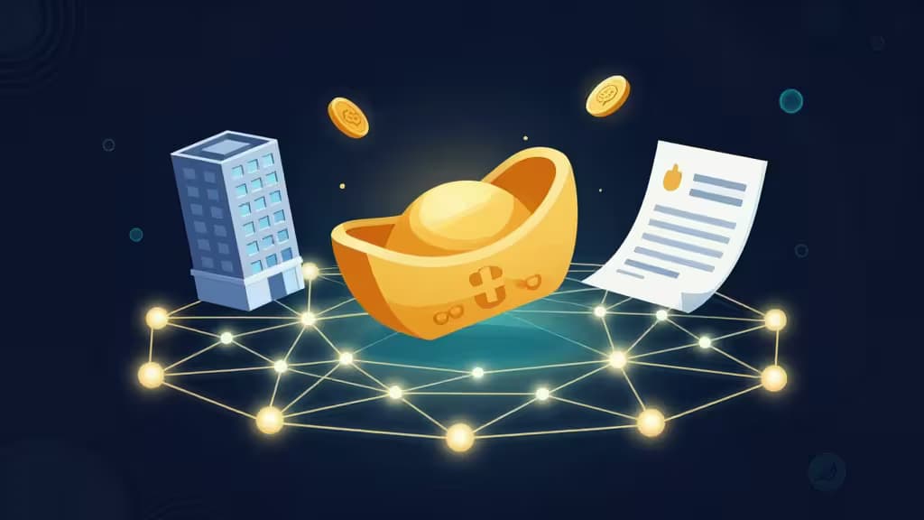 A glowing gold ingot, blue skyscraper, and document float above a luminous blockchain network on dark blue.