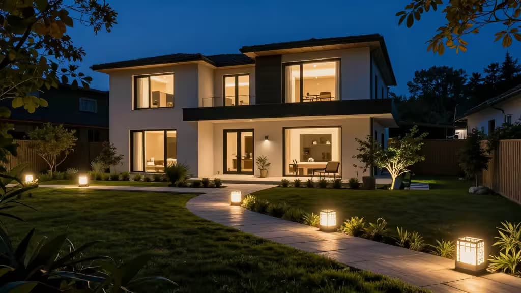 Maison moderne illuminée par des éclairages extérieurs connectés, mettant en valeur l'attrait visuel et la sécurité nocturne.