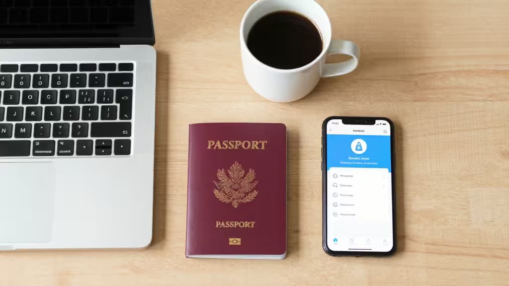 A laptop, passport, coffee cup, and smartphone displaying a banking app arranged on a wooden desk in soft natural light.