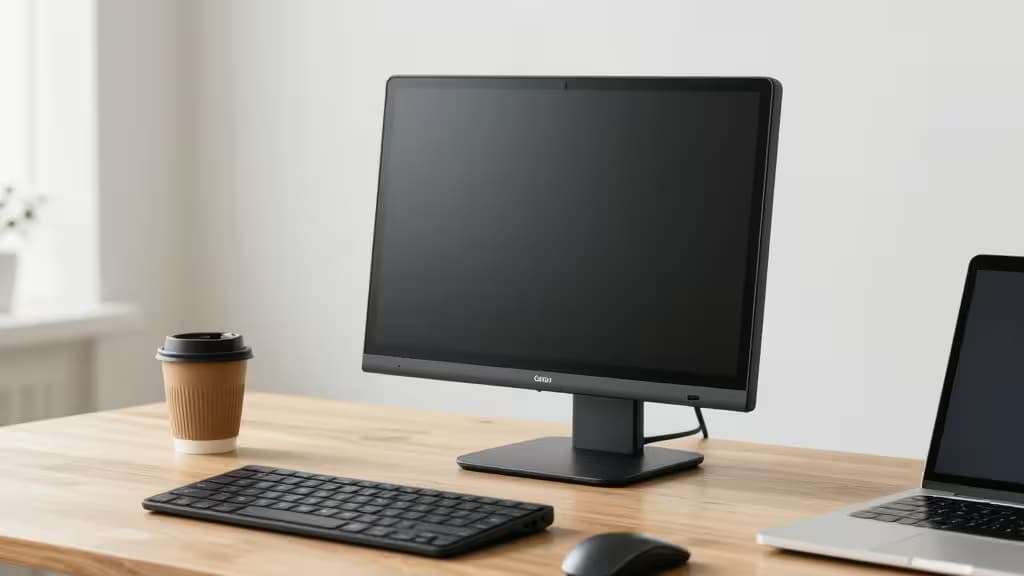 A sleek black portable monitor sits on a wooden desk beside a coffee cup and laptop.
