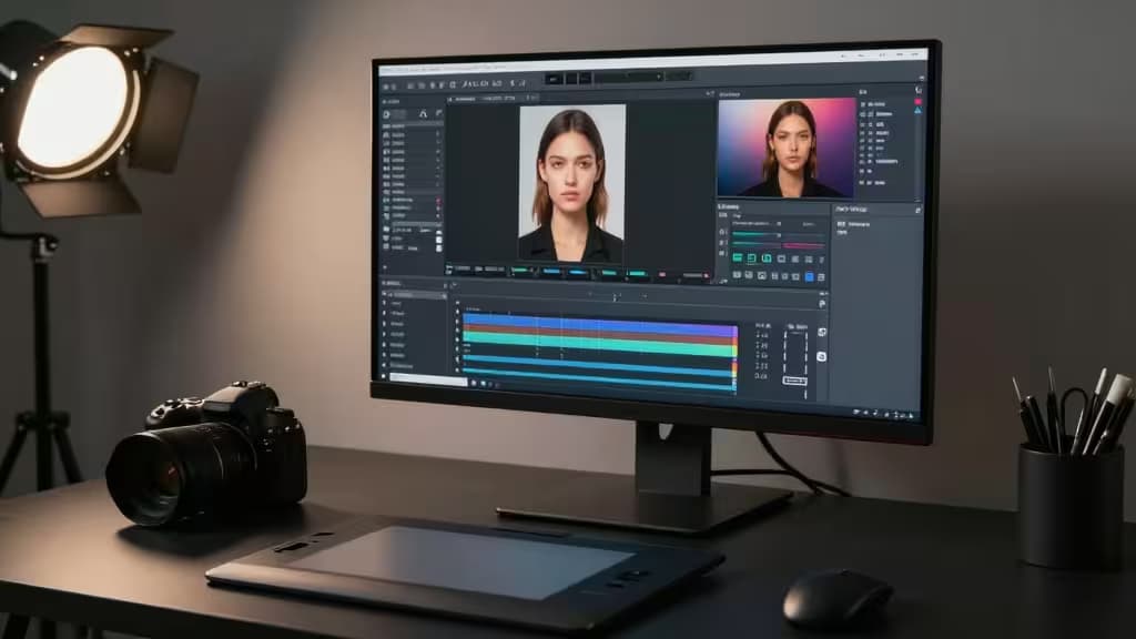 Biurko profesjonalnego fotografa z dużym monitorem wyświetlającym oprogramowanie do retuszu portretów AI, obok aparat DSLR, tablet graficzny i oświetlenie studyjne.