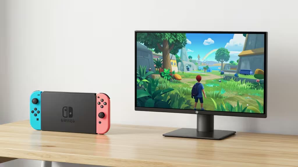 Nintendo Switch posée à côté d'un moniteur portable affichant des graphismes de jeu lumineux sur un bureau en bois.