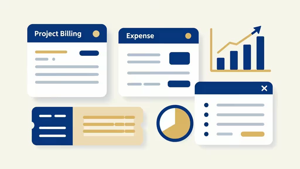 Cartões de interface em design flat com elementos de faturação de projeto e gestão de despesas, incluindo gráficos de barras, gráficos circulares e recibos sobre fundo creme.