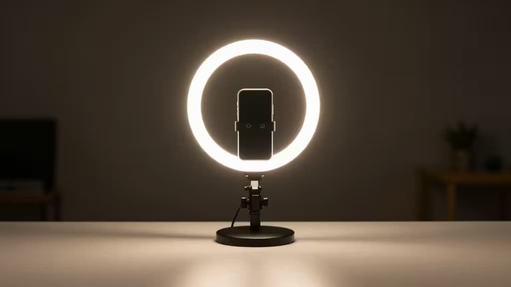 A ring light glowing softly on a dark studio desk, casting warm flattering light for streaming and video content creation.