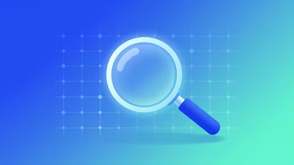 Glowing magnifying glass hovers over a digital grid on a blue-green gradient background.