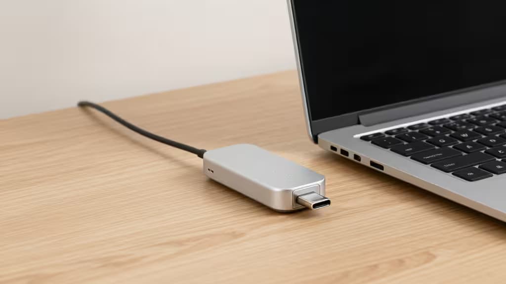 Hub USB-C argenté en aluminium avec câble tressé posé sur un bureau en bois clair à côté d'un ordinateur portable.