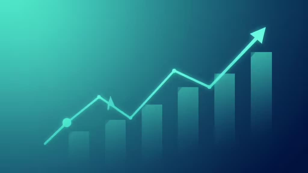 Glowing teal line graph ascends over translucent bars on gradient blue background, symbolizing automated investment growth.