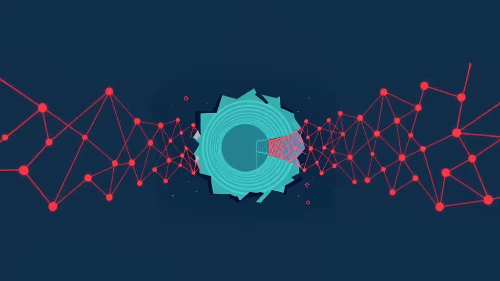 Een glinsterend cyan-tandwiel doorbreekt een rood netwerkweb, als symbool voor versleutelde VPN-toegang die de internetcensuur van Turkije doorbreekt.
