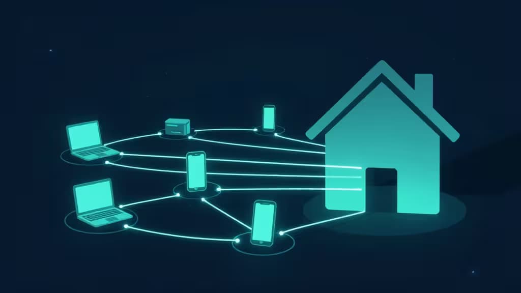 Glowing teal devices connect via secure lines to a home icon, illustrating encrypted remote access to a home network server.