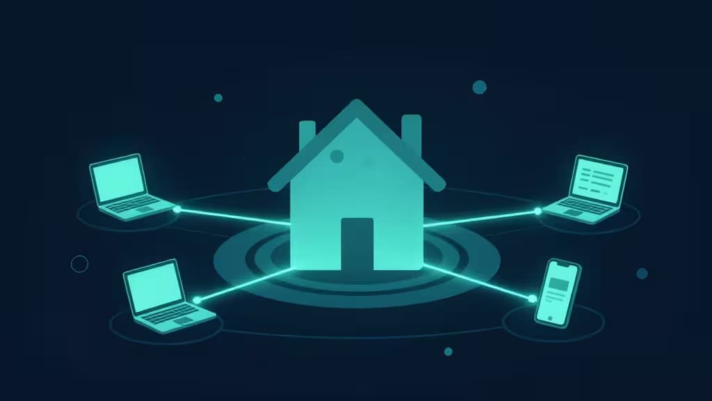 Glowing teal house icon connects to laptops and phone via secure encrypted network tunnels on dark background.