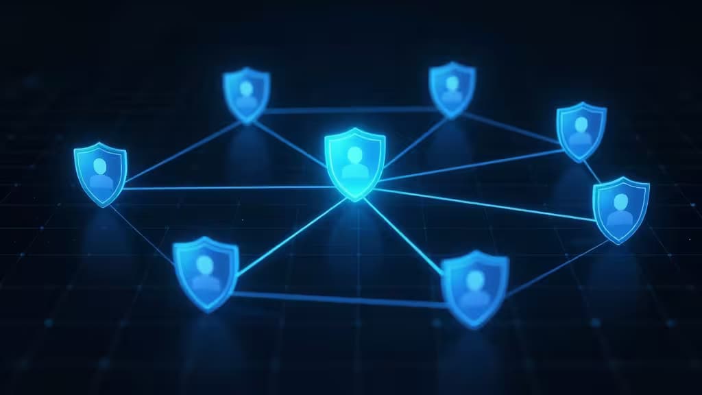 Glowing blue shield icons with user silhouettes, interconnected by luminous lines on a dark grid, symbolizing secure remote access networks.
