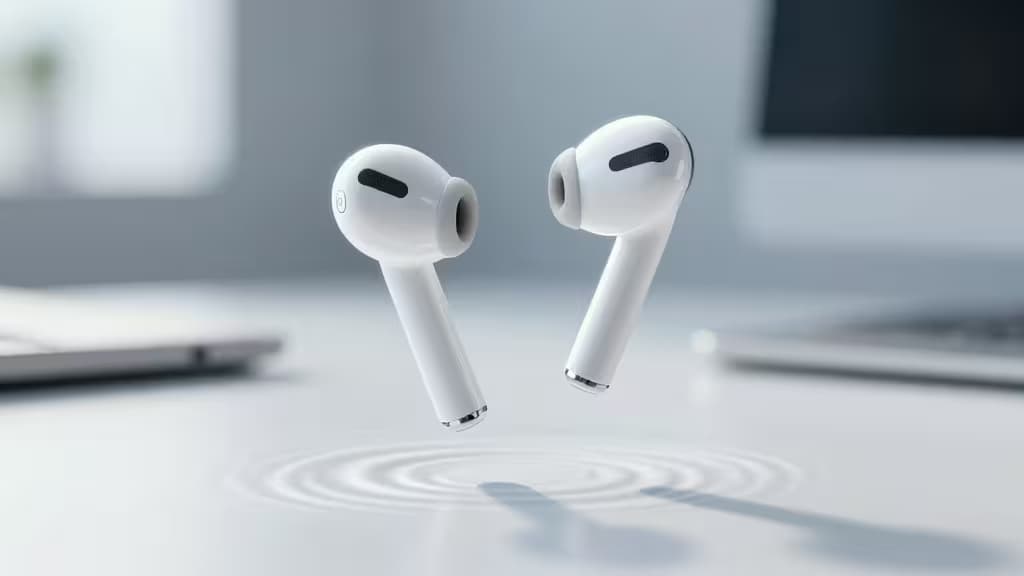White wireless earbuds hover above a white desk, casting soft shadows, with blurred office equipment in the background.