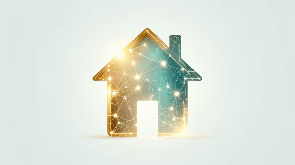 Un icono de casa brillante relleno de nodos y líneas interconectados, que simboliza la tecnología de IA en el sector inmobiliario.