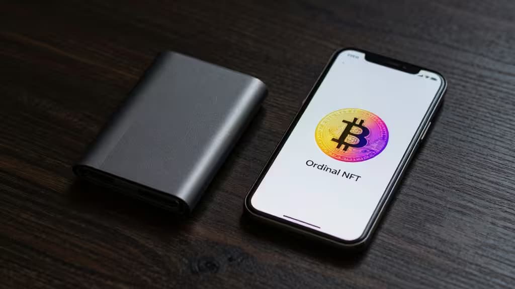 A sleek black crypto wallet rests beside a smartphone displaying a vibrant Bitcoin Ordinal NFT logo on a dark wooden surface.