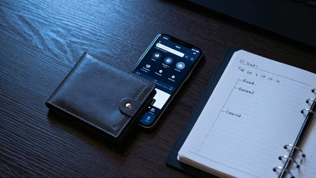 Dark leather wallet, smartphone with password manager app, and handwritten notes on a desk.