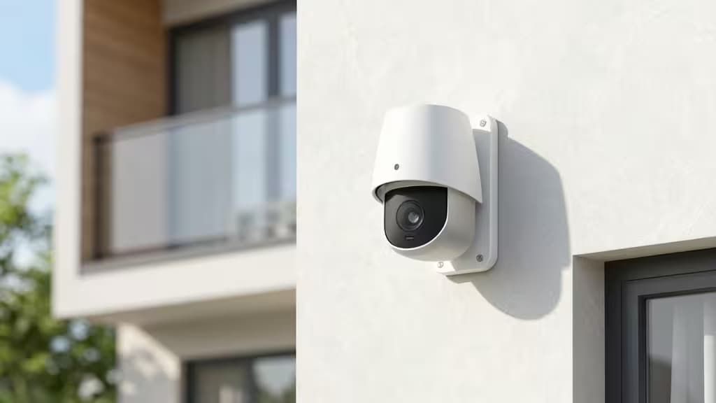 Biała kamera bezpieczeństwa zamontowana na ścianie nowoczesnego domu, z widokiem na balkon i okno.