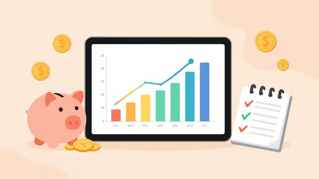 A flat-lay illustration of a family budgeting setup with a tablet showing colorful savings charts, scattered coins, a small piggy bank, and a notepad with checkmarks on a soft pastel background.