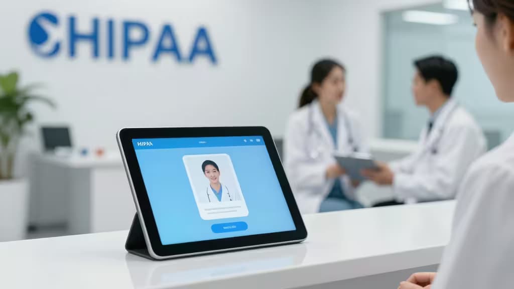 Tablet wyświetla interfejs AI zgodny z HIPAA ze zdjęciem polskiego lekarza, ustawiony w nowoczesnej klinice.
