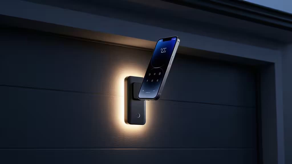 Un ouvre-portes de garage intelligent noir et élégant avec une lueur LED chaude monté à côté d'une porte sombre, un smartphone affichant son interface de contrôle à proximité.