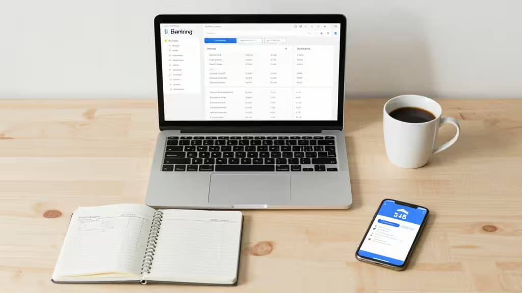 Laptop banking dashboard, smartphone app, notebook, and coffee cup on light wood desk.