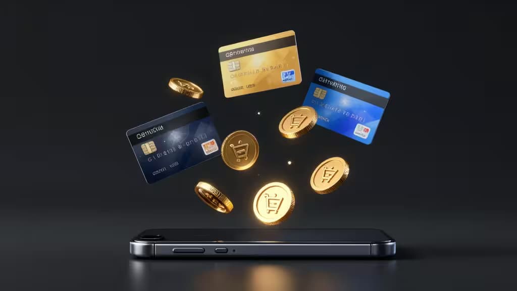 Pièces dorées et cartes bancaires flottant au-dessus d'un smartphone sur fond sombre.