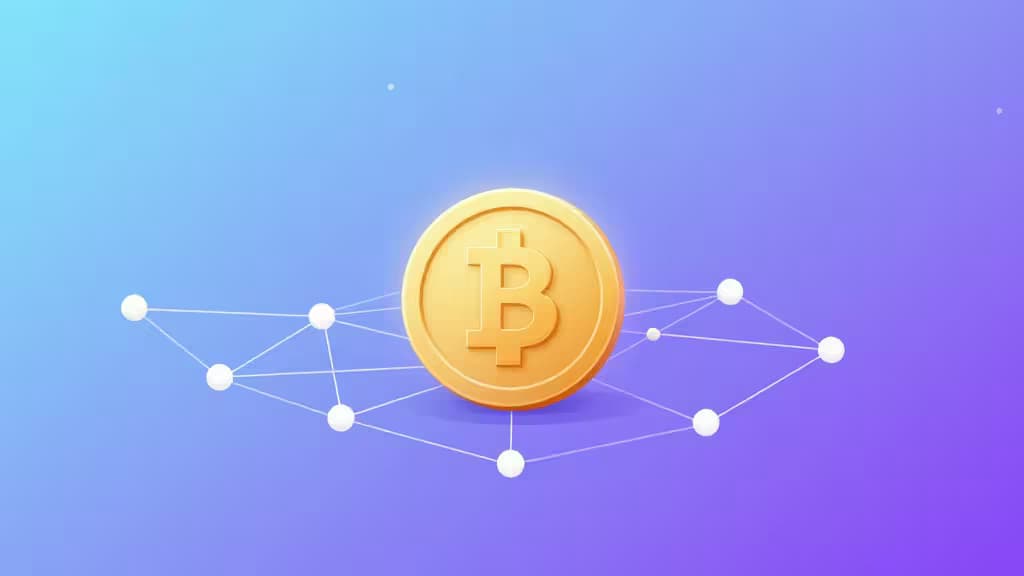 Gouden Bitcoin-munt gecentreerd op een blauw-paarse gradient achtergrond, verbonden door witte netwerklijnen die CeFi- en DeFi-platforms symboliseren.