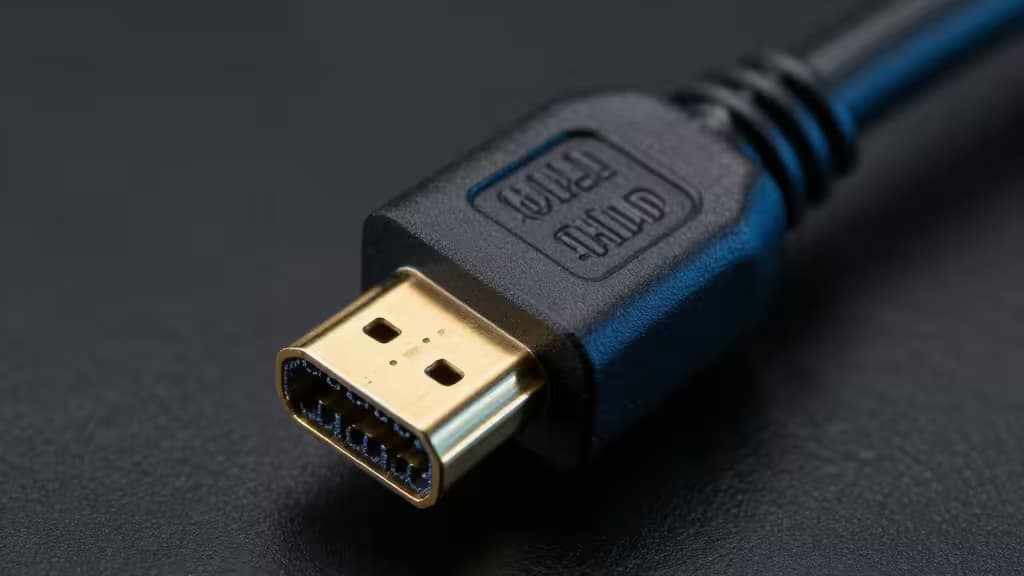 Close-up of a braided HDMI cable with gold-plated connector in moody studio lighting with blue accent glow
