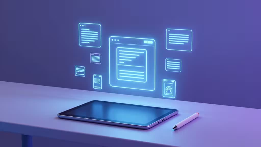 Une tablette et un stylet reposent sur un bureau, entourés de maquettes d'interface holographiques lumineuses.