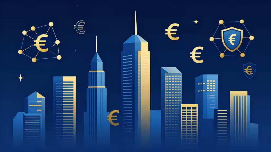 Euro symbols and blockchain networks float above a stylized German city skyline, symbolizing secure crypto trading under MiCA and BaFin regulations.