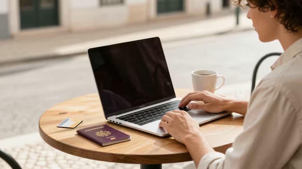 Eine Person tippt auf einem Laptop, daneben liegen ein Reisepass und Kreditkarten auf einem Café-Tisch.