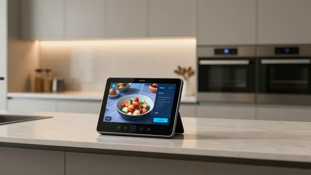 A sleek smart display on a marble countertop shows a recipe, with stainless steel ovens and warm under-cabinet lighting in the background.