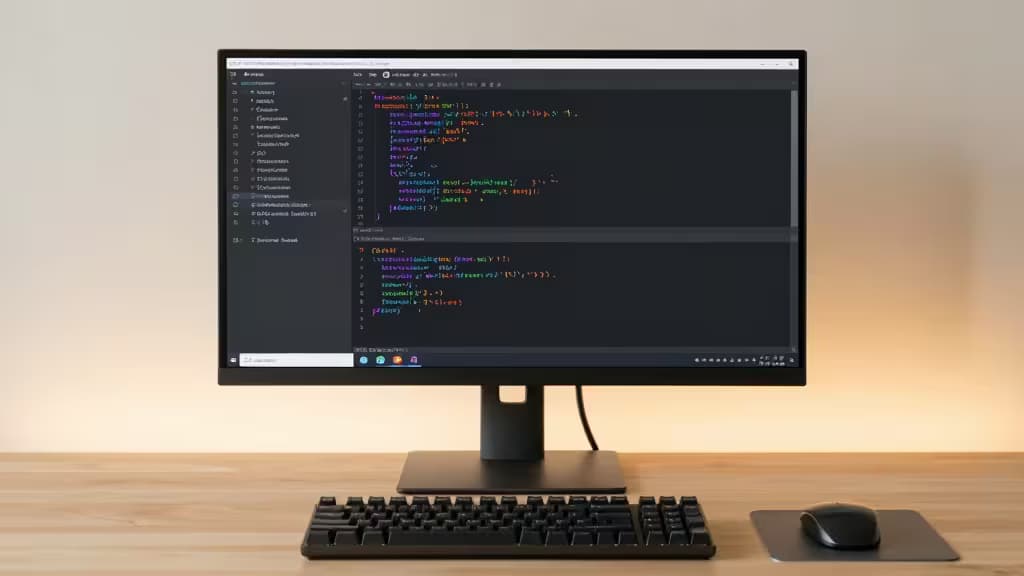 Un monitor moderno mostra codice Rust in un IDE scuro, affiancato da tastiera e mouse su una scrivania in legno.