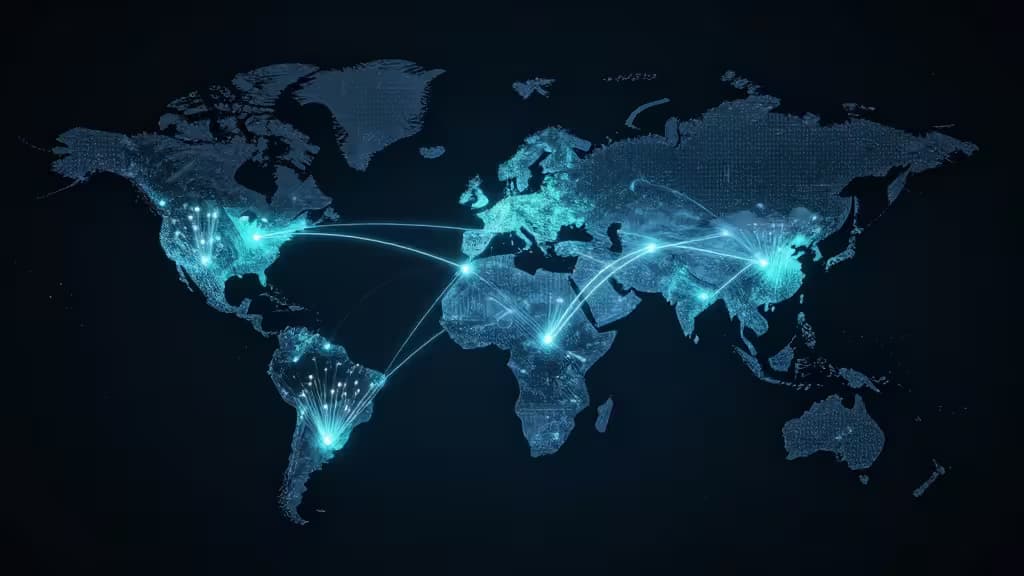Réseau de calcul edge global représenté par des nœuds lumineux connectés sur une carte mondiale, esthétique technologique minimaliste en bleu et teal.