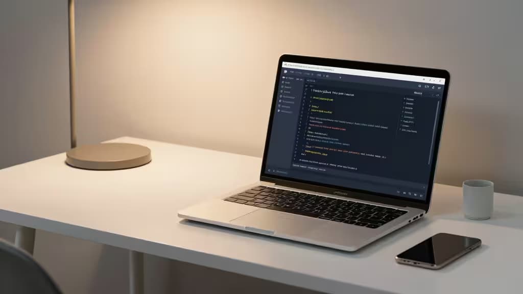 Laptop displays Python code with error logs, beside mug and phone on minimalist desk.