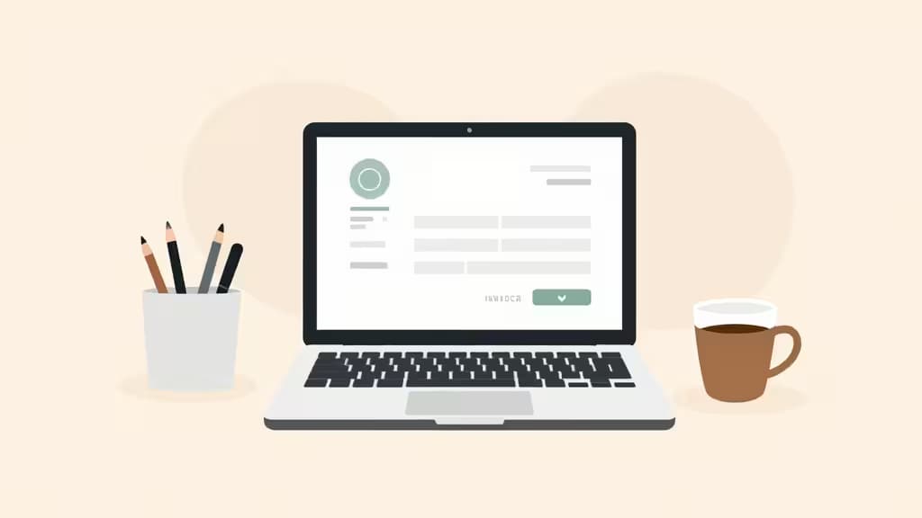 Minimalist illustration of a freelancer's workspace with a laptop displaying an invoice, a coffee cup, and design tools on a clean desk