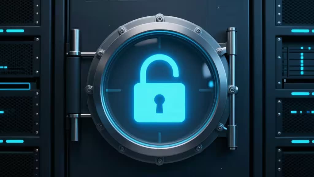 Un cadenas bleu lumineux au centre d'un coffre-fort de serveur, symbolisant la gestion de mots de passe auto-hébergée.