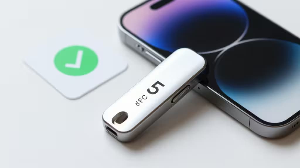 Une YubiKey élégante posée à côté d'un iPhone, illustrant la sécurité matérielle moderne pour appareils mobiles.