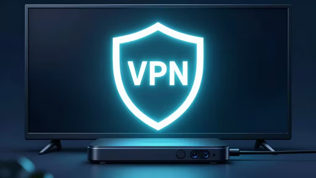 Abstrakcyjna ilustracja przedstawiająca urządzenie streamingowe podłączone do telewizora z nakładką tarczy VPN symbolizującą bezpieczeństwo i prywatność